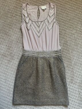 Greylin Beaded Art Deco Sleeveless Tweed Skirt Mini Dress Blush Gray XS